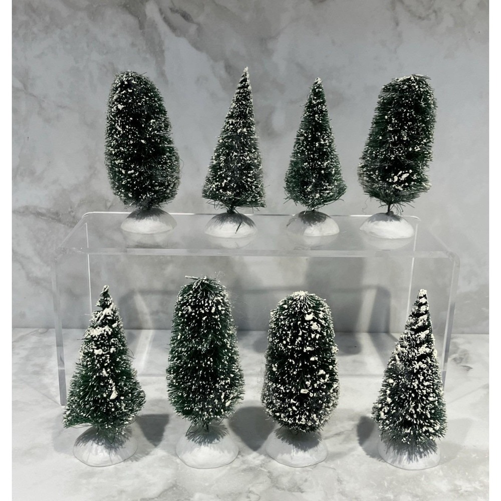 Department 56 Frosted Topiary Trees Set of 8 Pieces #5202-7 + Bag of Snow Flakes